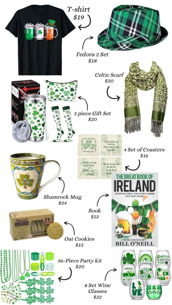 St. Patricks day Gift guide with 10 items including a shirt, mug, scarf, gift kit, party kit, book, cookies, and wine glasses