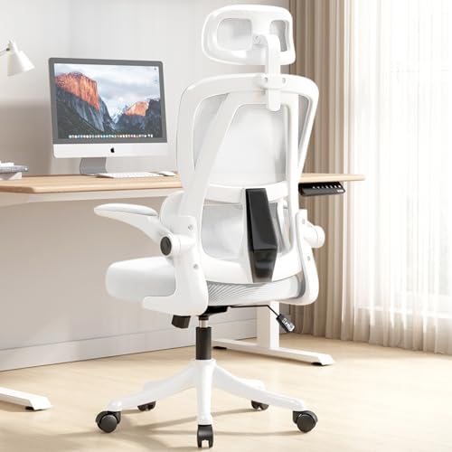 XUEGW Ergonomic Office Chair Comfort Home Desk Chair Adjustable High Back Mesh Chair Lumbar Support Computer Chair with Flip-up Arms for Work, Study, Gaming,white