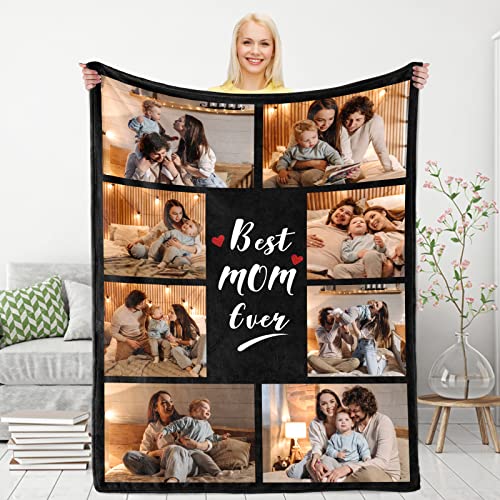 Best Mom Ever Custom Blanket, Gifts for Mom Mothers Day Customized Blankets with Pictures, Birthday Gifts for Mom from Daughter, I Love You Mom Personalized Flannel Blanket with Photos as a Gift