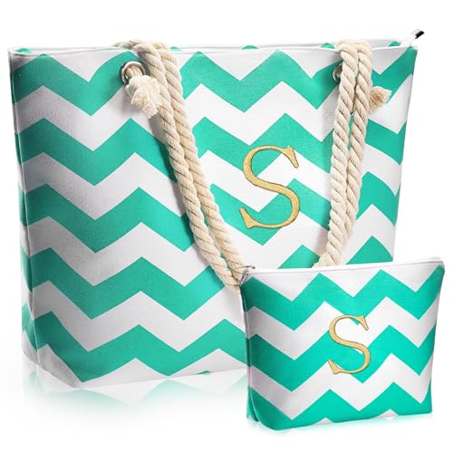 YOOLIFE Beach Bag for Women - Personalized Initial Tote Bag Waterproof Bag with Makeup Bag for Women Birthday Gifts