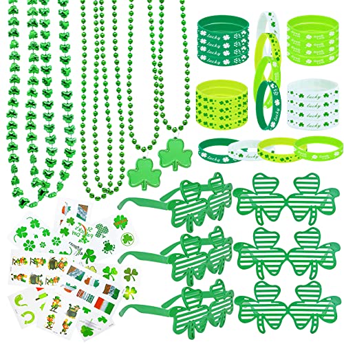 96Pcs St. Patricks Day Party Favors Set Shamrock Glasses Necklaces Bracelets Tattoos St. Patrick's Day Accessories Decorations Supplies