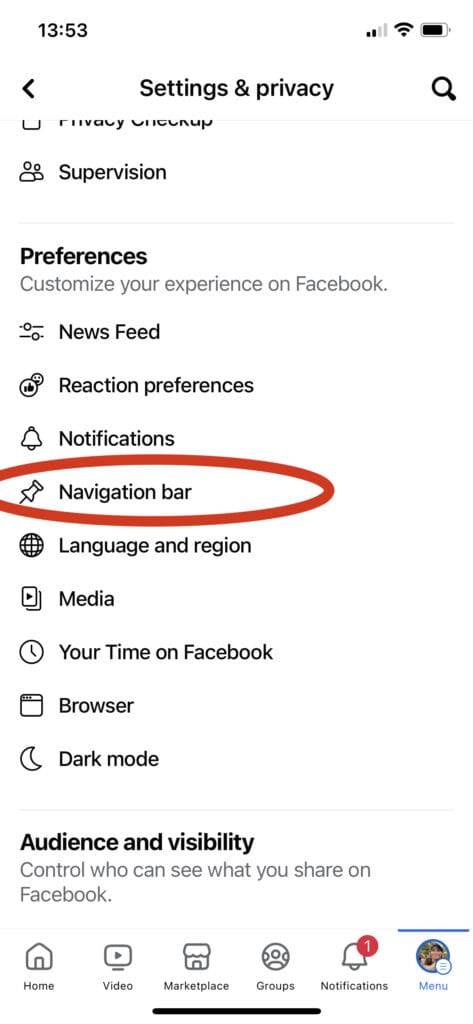 mobile screenshot Facebook navigation bar settings