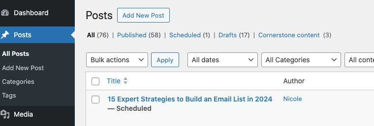 screenshot of how to add a new blog post to WordPress