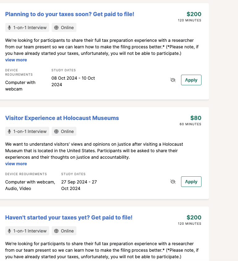 Screenshot of user interviews studies