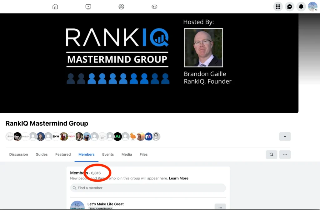 screenshot of desktop view for RankIQ facebook mastermind group