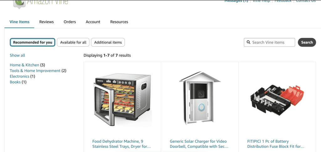 recommended products on Amazon vine