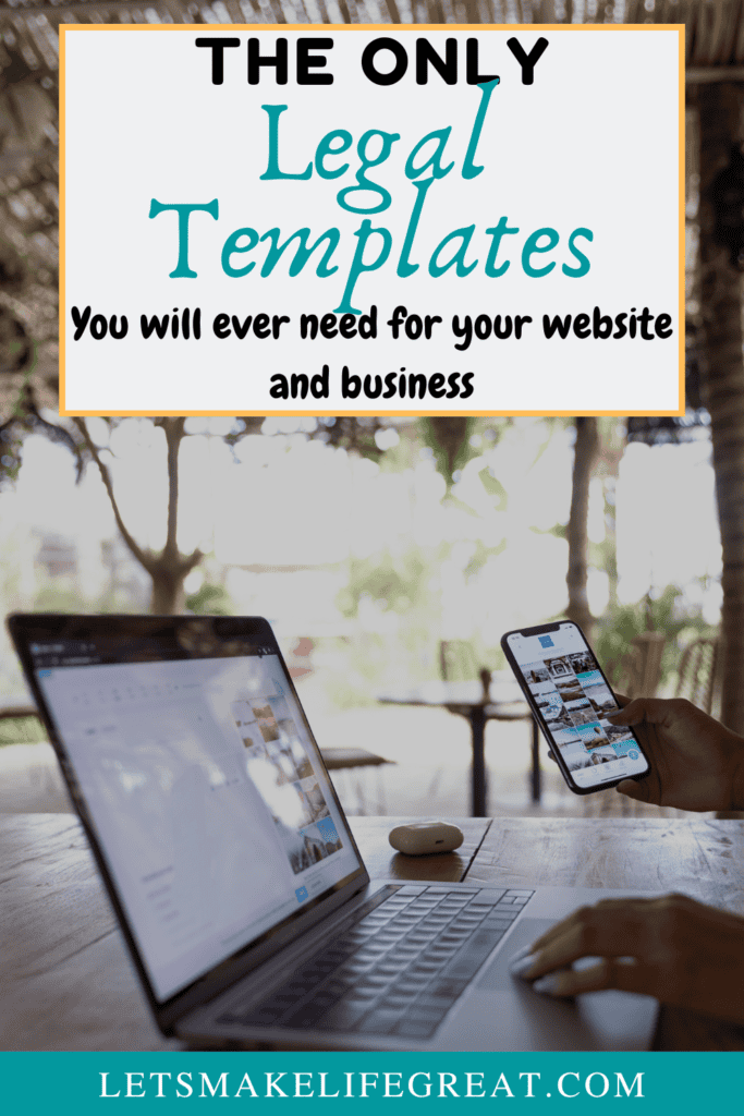 tropical cabana cafe with person seated at table working on laptop and phone and text overlay - The Only Legal Documents You Will Ever Need For Your Website and Business